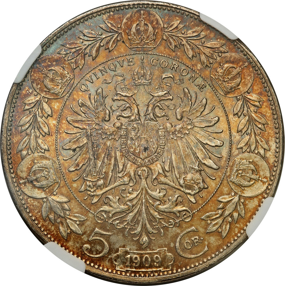 Austria, Franciszek Józef I. 5 koron 1909, Wiedeń NGC MS62 – PIĘKNE